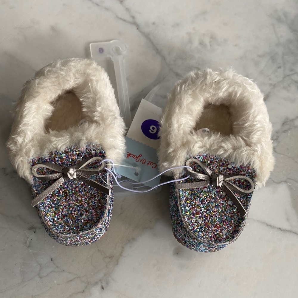 Cat and Jack Moccasins‎ Slippers size 6 Multicolored Glitter fuzzy
